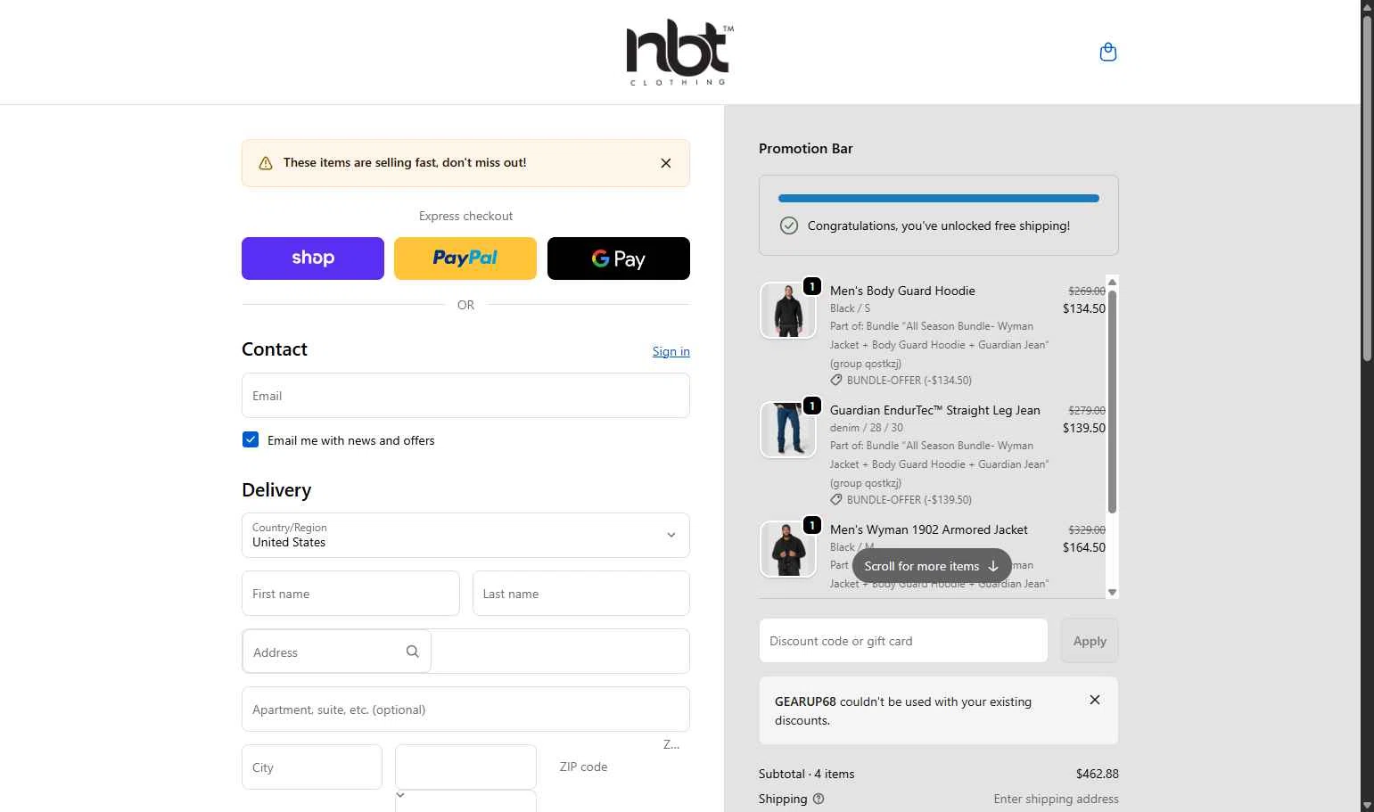 NBT Clothing checkout page showing NBT Clothing discount code box | Screenshot taken by SimplyCodes community member on Feb 19, 2026