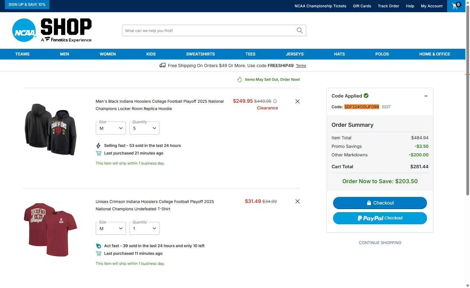 NCAA Store checkout page showing NCAA Store coupon code box | Screenshot taken by SimplyCodes community member on Feb 4, 2026