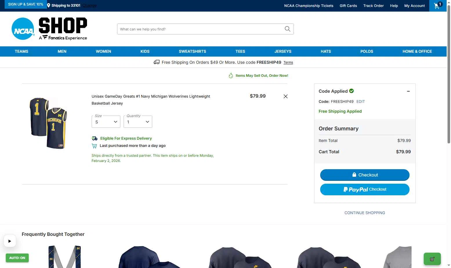 NCAA Store checkout page showing NCAA Store coupon code box | Screenshot taken by SimplyCodes community member on Feb 1, 2026