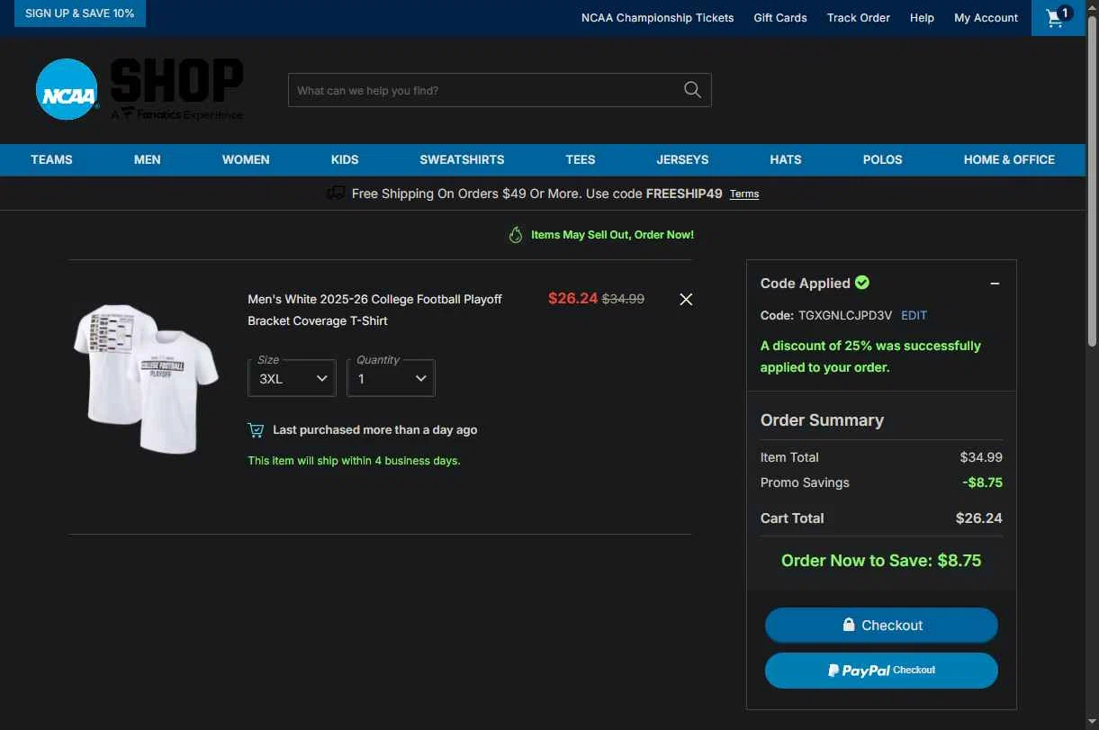 NCAA Store checkout page showing NCAA Store coupon code box | Screenshot taken by SimplyCodes community member on Jan 16, 2026