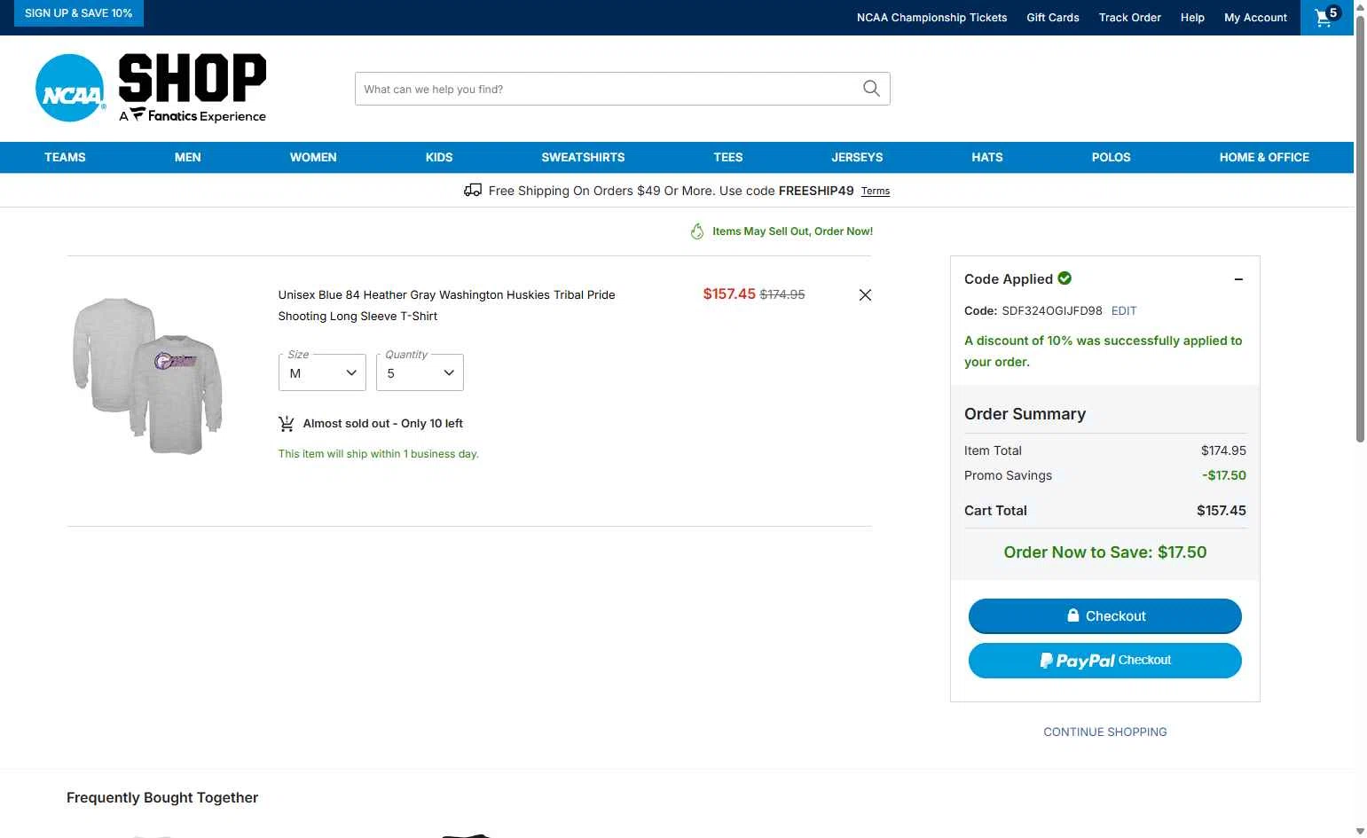 NCAA Store checkout page showing NCAA Store coupon code box | Screenshot taken by SimplyCodes community member on Jan 18, 2026