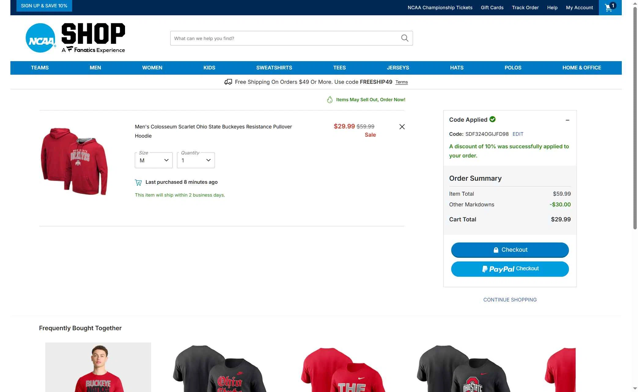 NCAA Store checkout page showing NCAA Store coupon code box | Screenshot taken by SimplyCodes community member on Jan 27, 2026