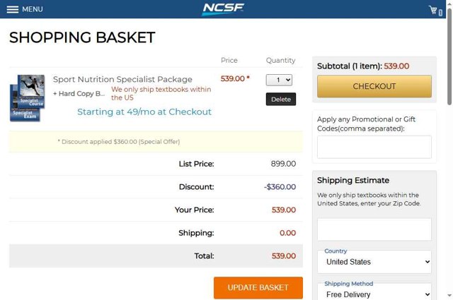 NCSF checkout page showing NCSF promo code box | Screenshot taken by SimplyCodes community member on Aug 8, 2025