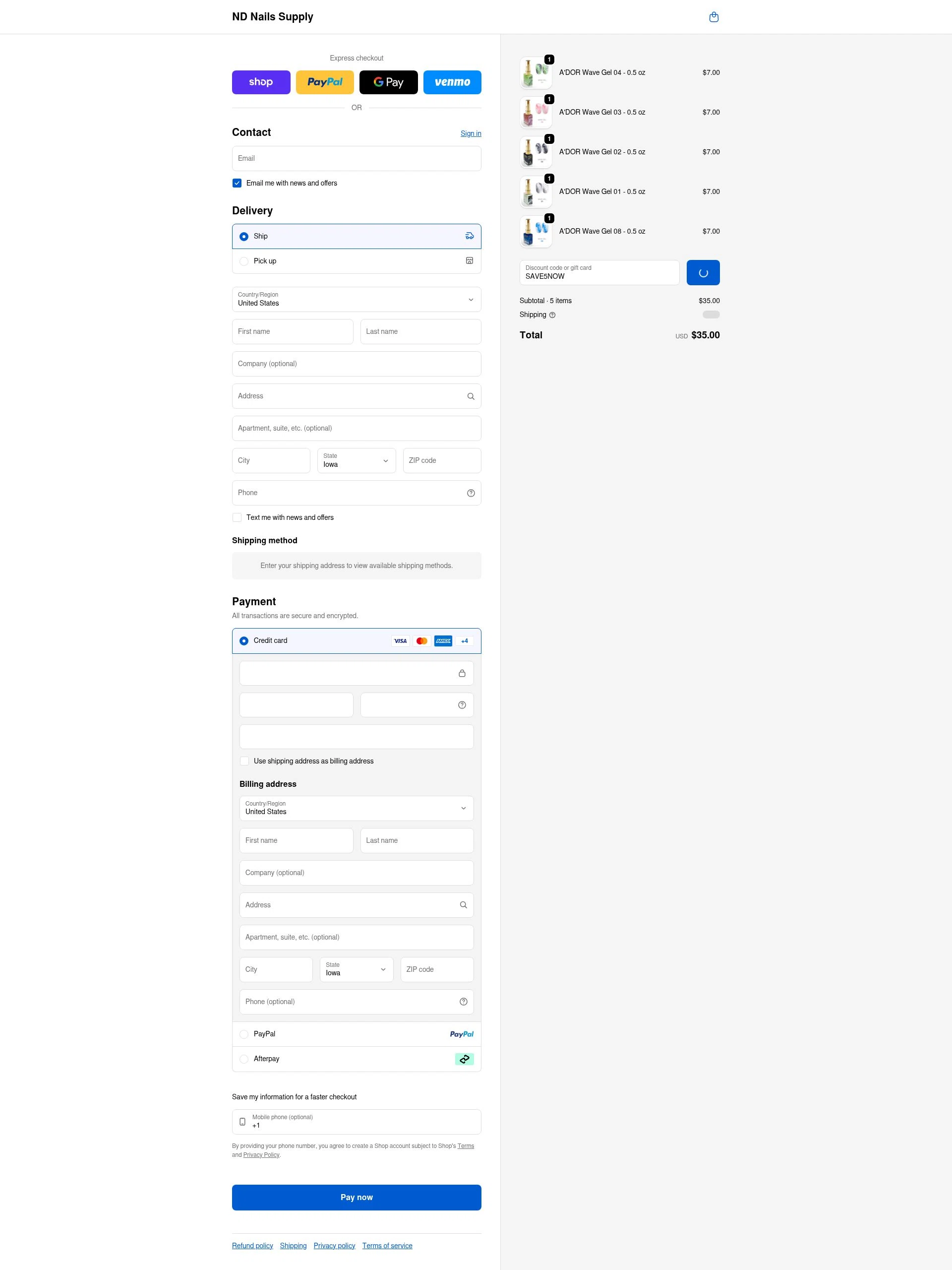 ND Nails Supply checkout page showing ND Nails Supply discount code box | Screenshot taken by SimplyCodes community member on Feb 17, 2026