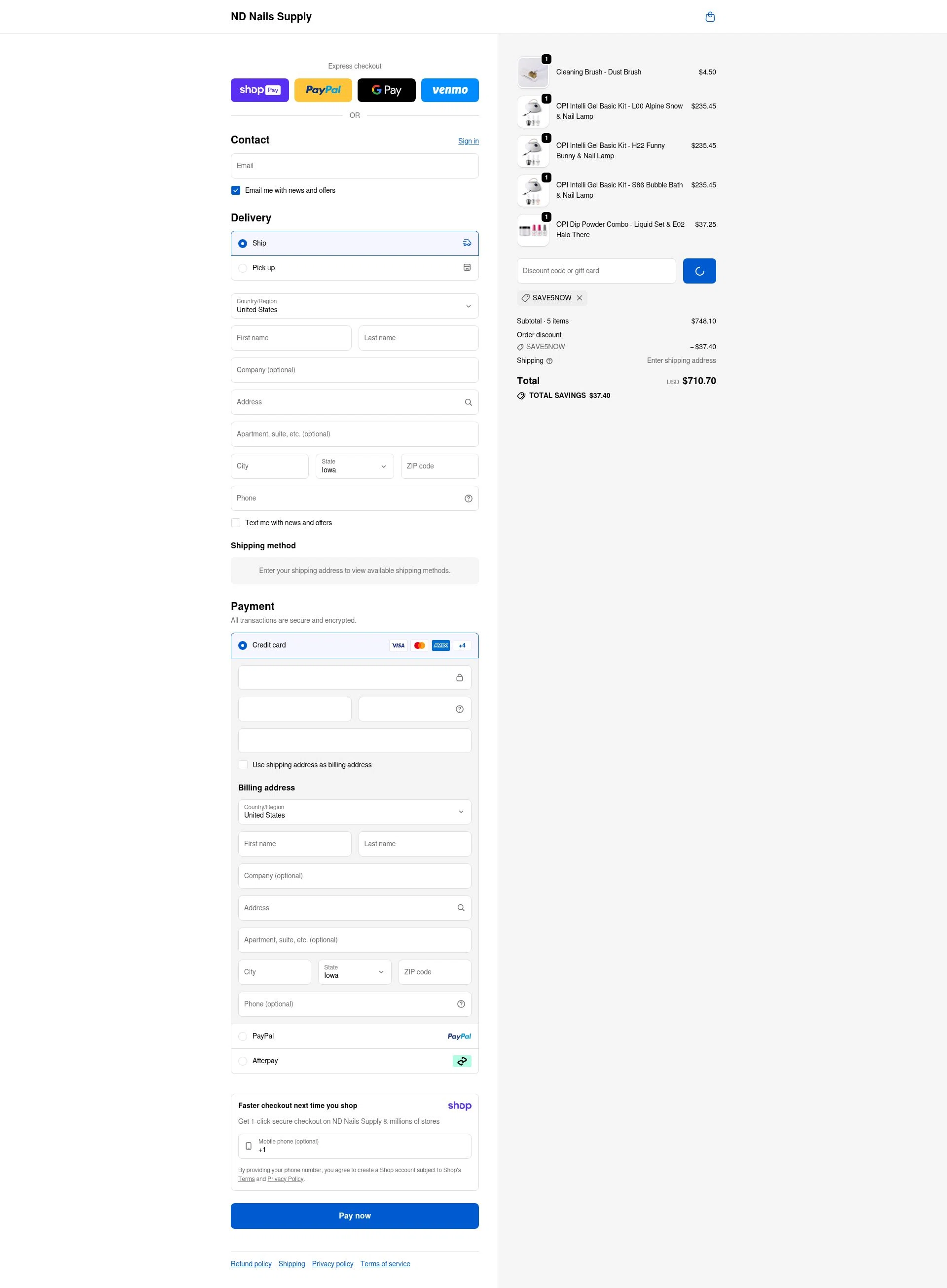 ND Nails Supply checkout page showing ND Nails Supply discount code box | Screenshot taken by SimplyCodes community member on Jan 11, 2026