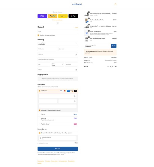 Neakasa checkout page showing Neakasa discount code box | Screenshot taken by SimplyCodes community member on Sep 7, 2025