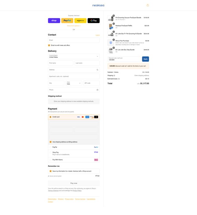 Neakasa checkout page showing Neakasa discount code box | Screenshot taken by SimplyCodes community member on Sep 7, 2025