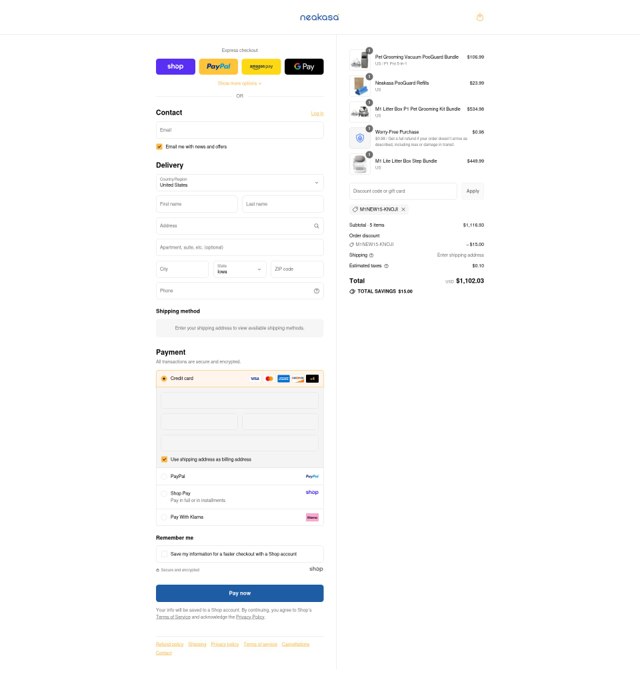 Neakasa checkout page showing Neakasa discount code box | Screenshot taken by SimplyCodes community member on Sep 7, 2025