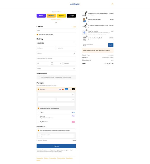 Neakasa checkout page showing Neakasa discount code box | Screenshot taken by SimplyCodes community member on Sep 7, 2025