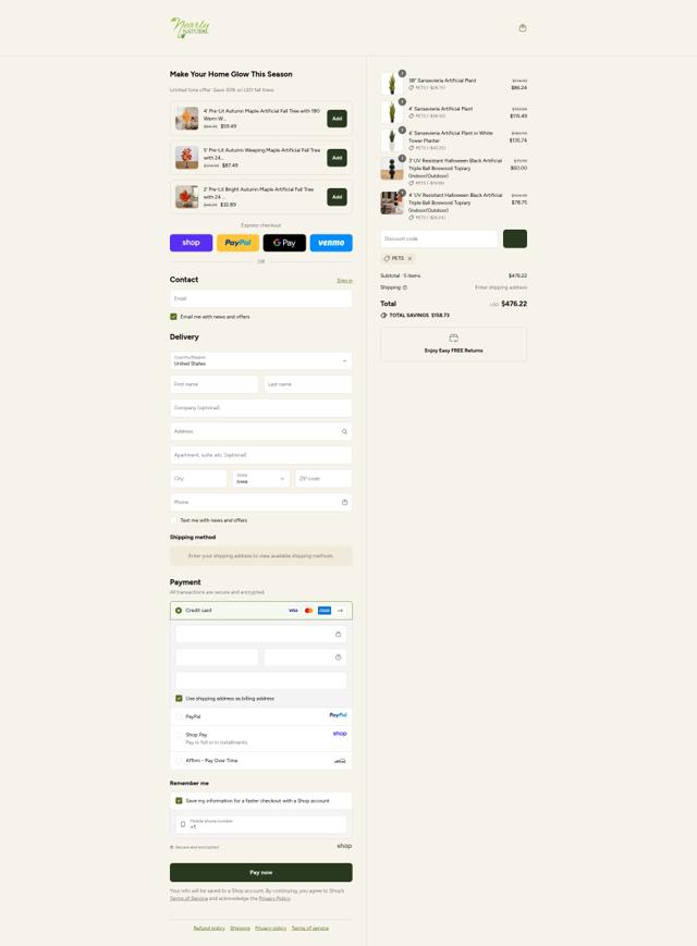 Nearly Natural checkout page showing Nearly Natural coupon code box | Screenshot taken by SimplyCodes community member on Sep 14, 2025