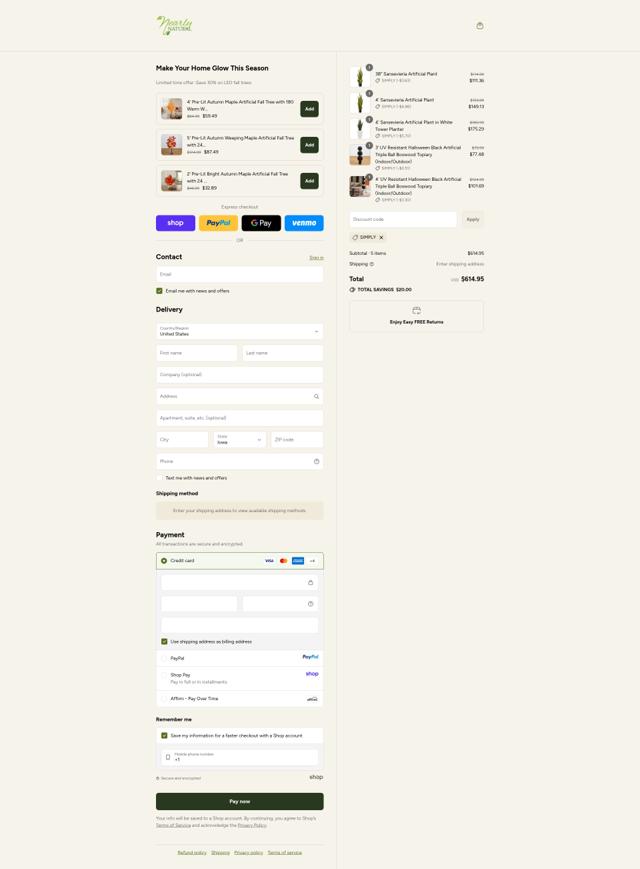 Nearly Natural checkout page showing Nearly Natural coupon code box | Screenshot taken by SimplyCodes community member on Sep 14, 2025