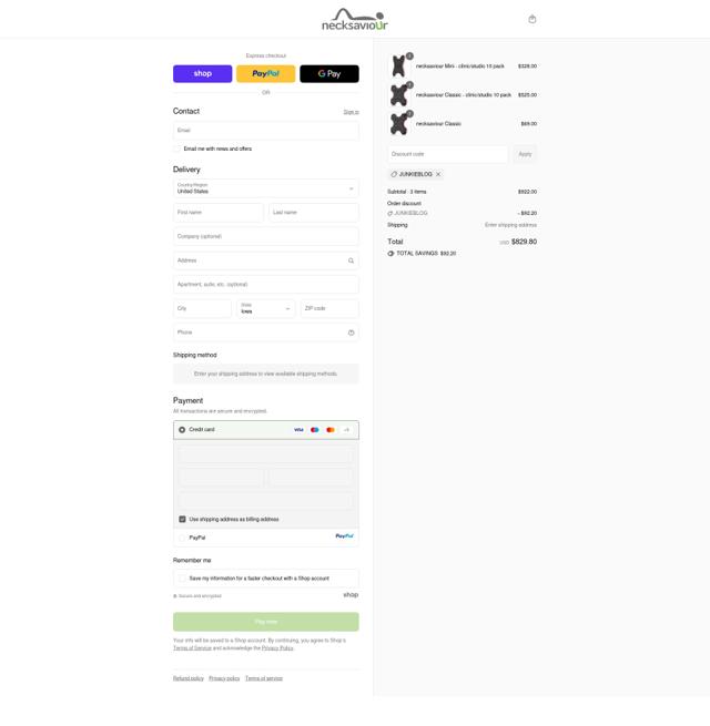 necksaviour checkout page showing necksaviour discount code box | Screenshot taken by SimplyCodes community member on Sep 10, 2025