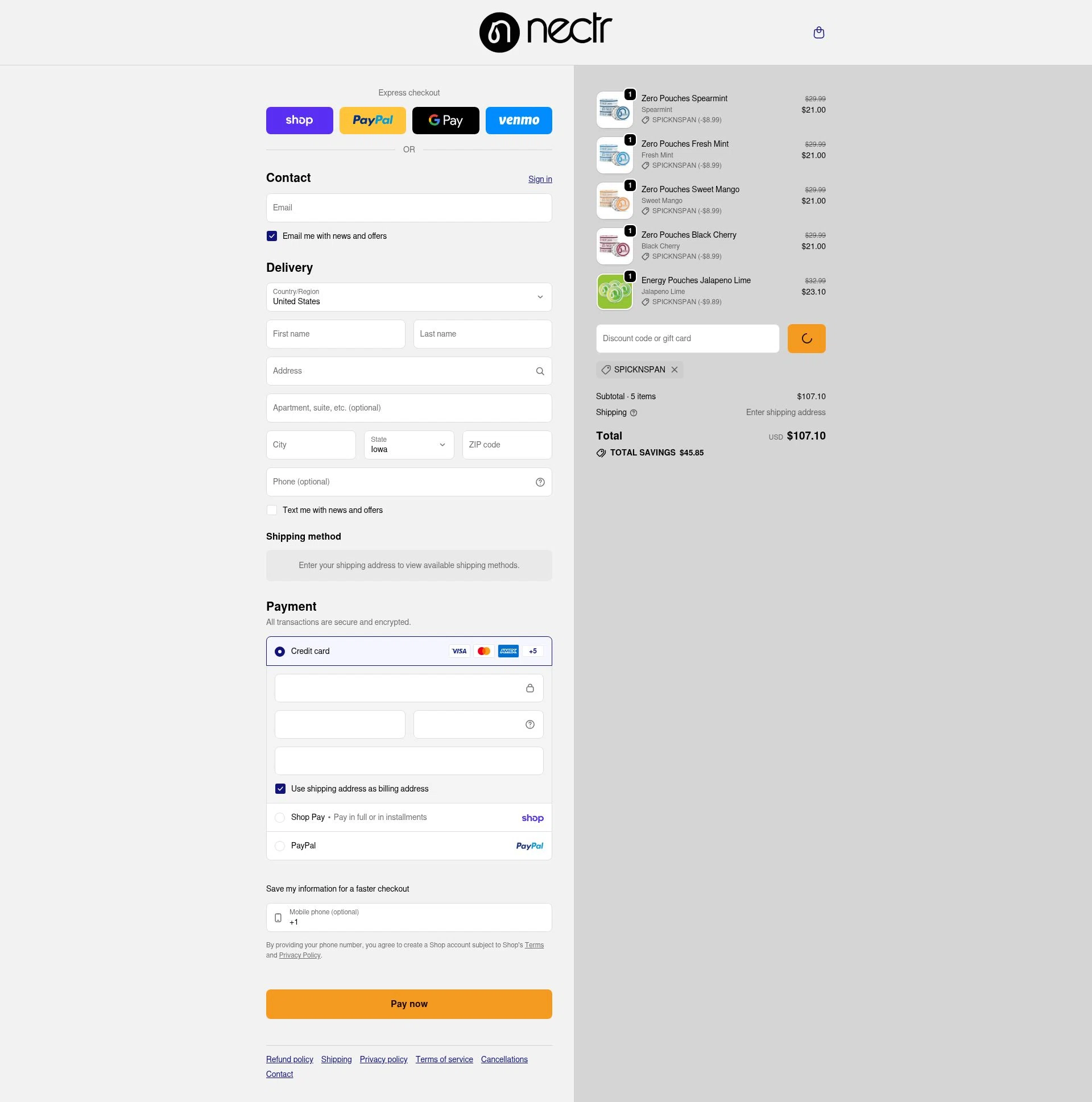Nectr.Energy checkout page showing Nectr.Energy promo code box | Screenshot taken by SimplyCodes community member on Feb 9, 2026