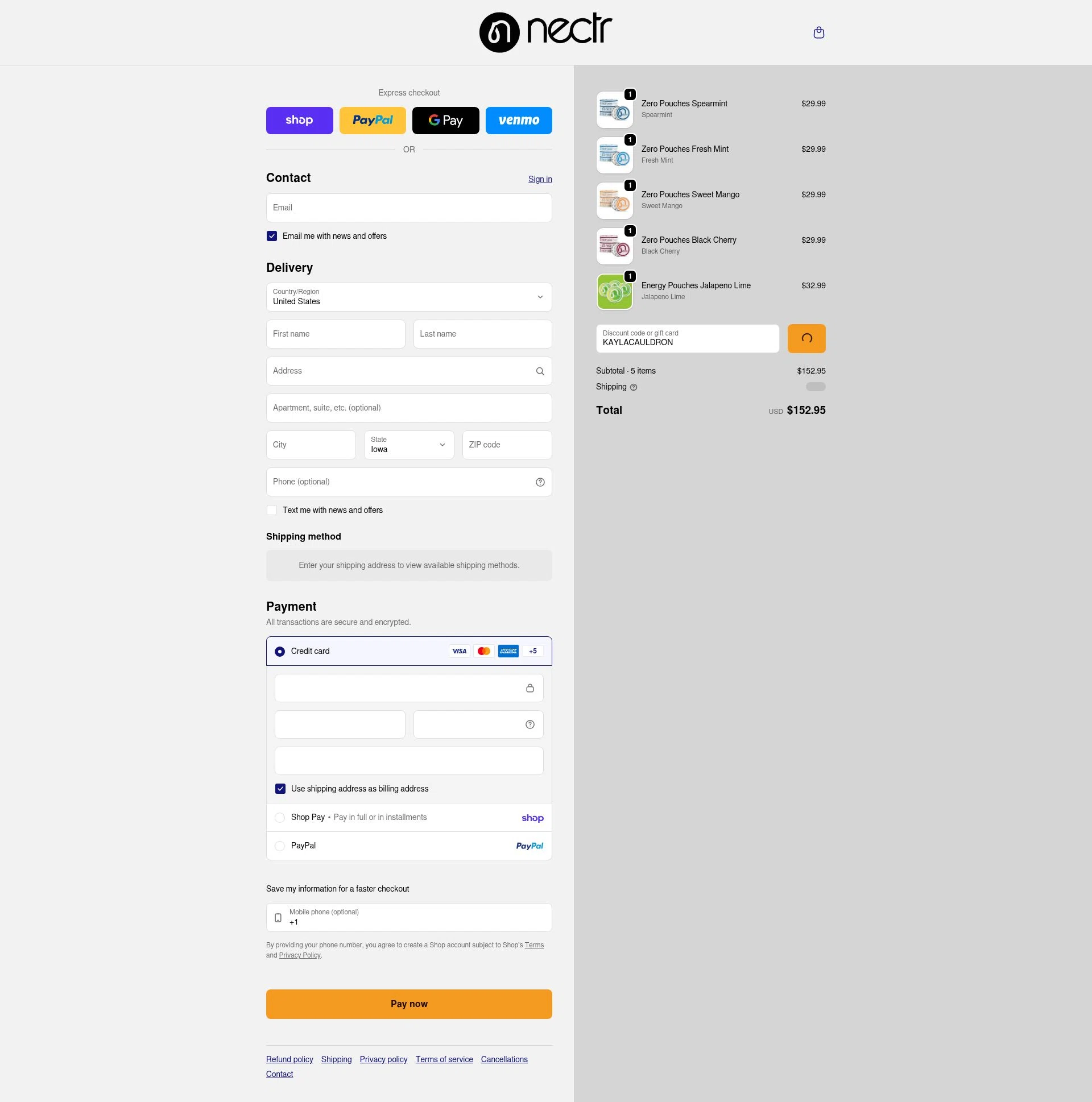 Nectr.Energy checkout page showing Nectr.Energy promo code box | Screenshot taken by SimplyCodes community member on Feb 9, 2026
