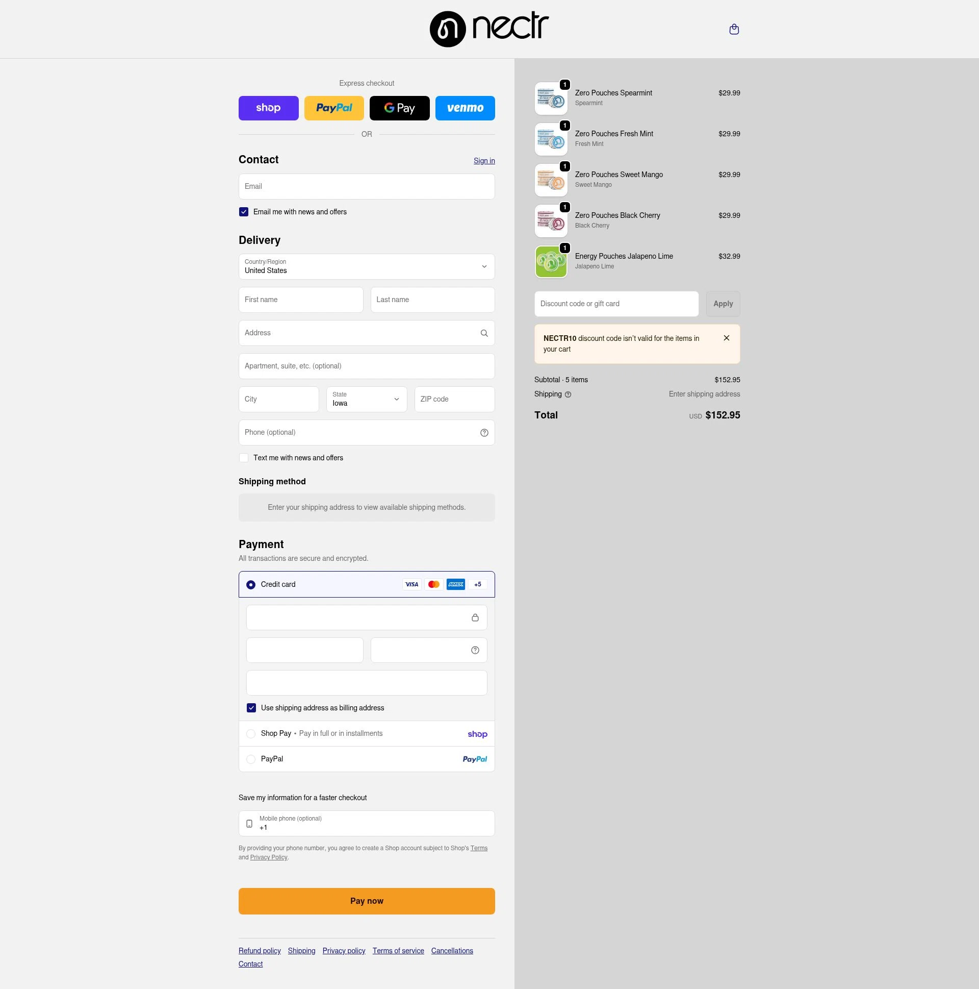 Nectr.Energy checkout page showing Nectr.Energy promo code box | Screenshot taken by SimplyCodes community member on Feb 9, 2026