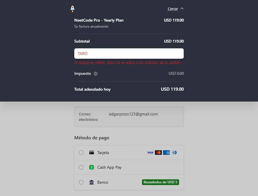 NeetCode checkout page showing NeetCode promo code box | Screenshot taken by SimplyCodes community member on Jan 23, 2026