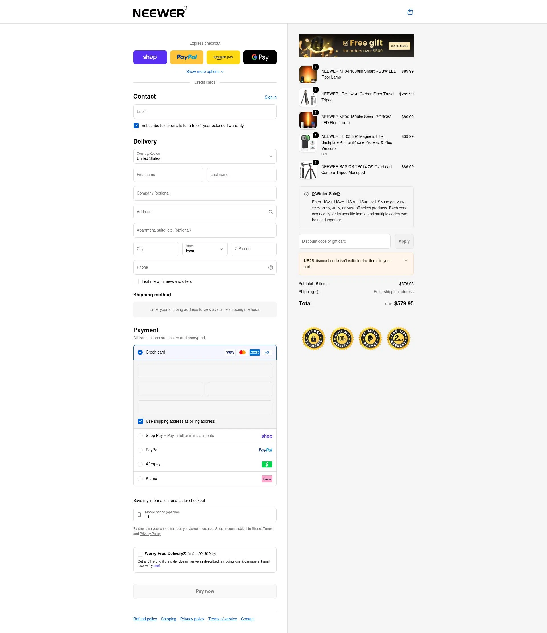 Neewer checkout page showing Neewer discount code box | Screenshot taken by SimplyCodes community member on Feb 13, 2026
