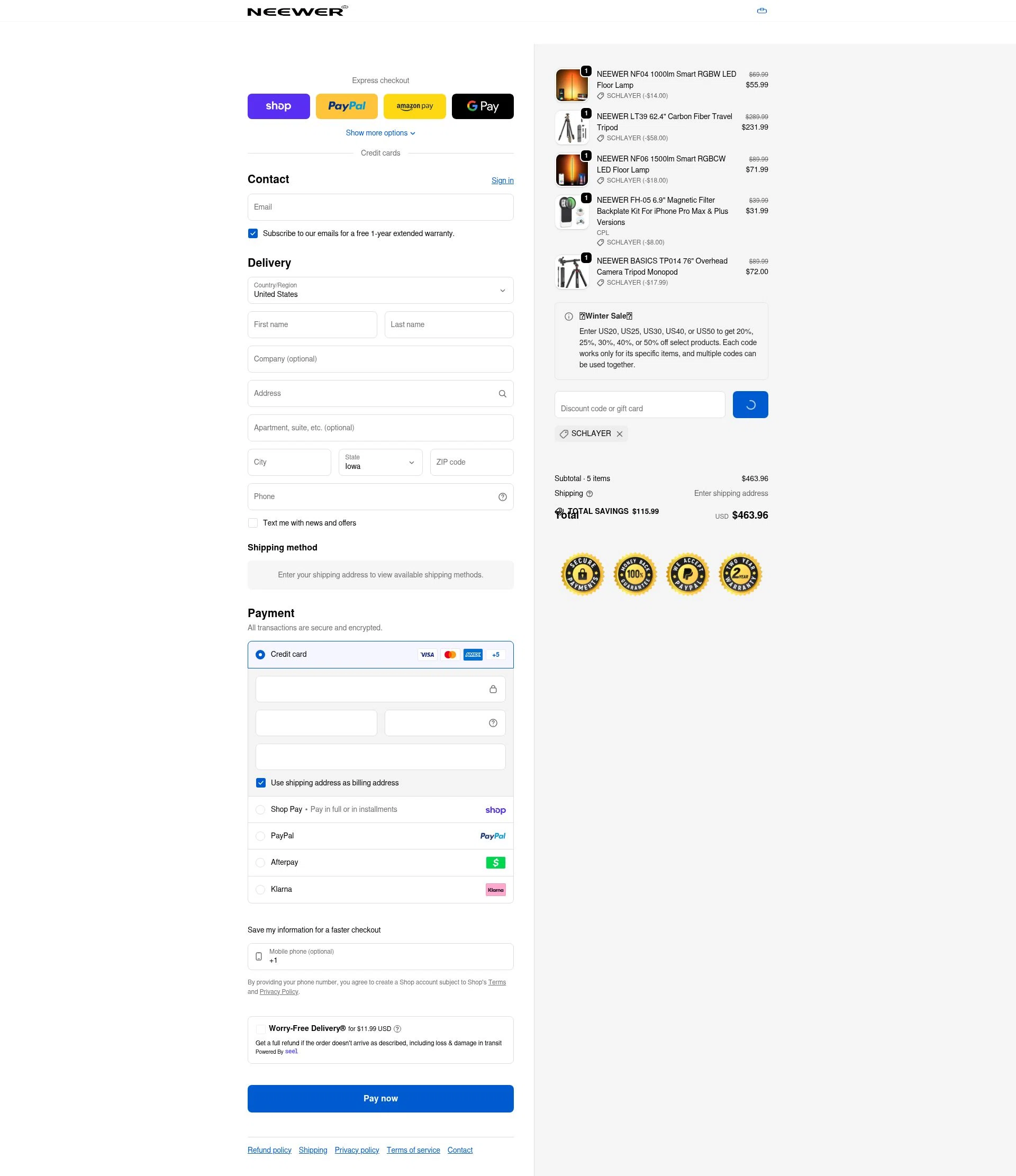 Neewer checkout page showing Neewer discount code box | Screenshot taken by SimplyCodes community member on Feb 13, 2026