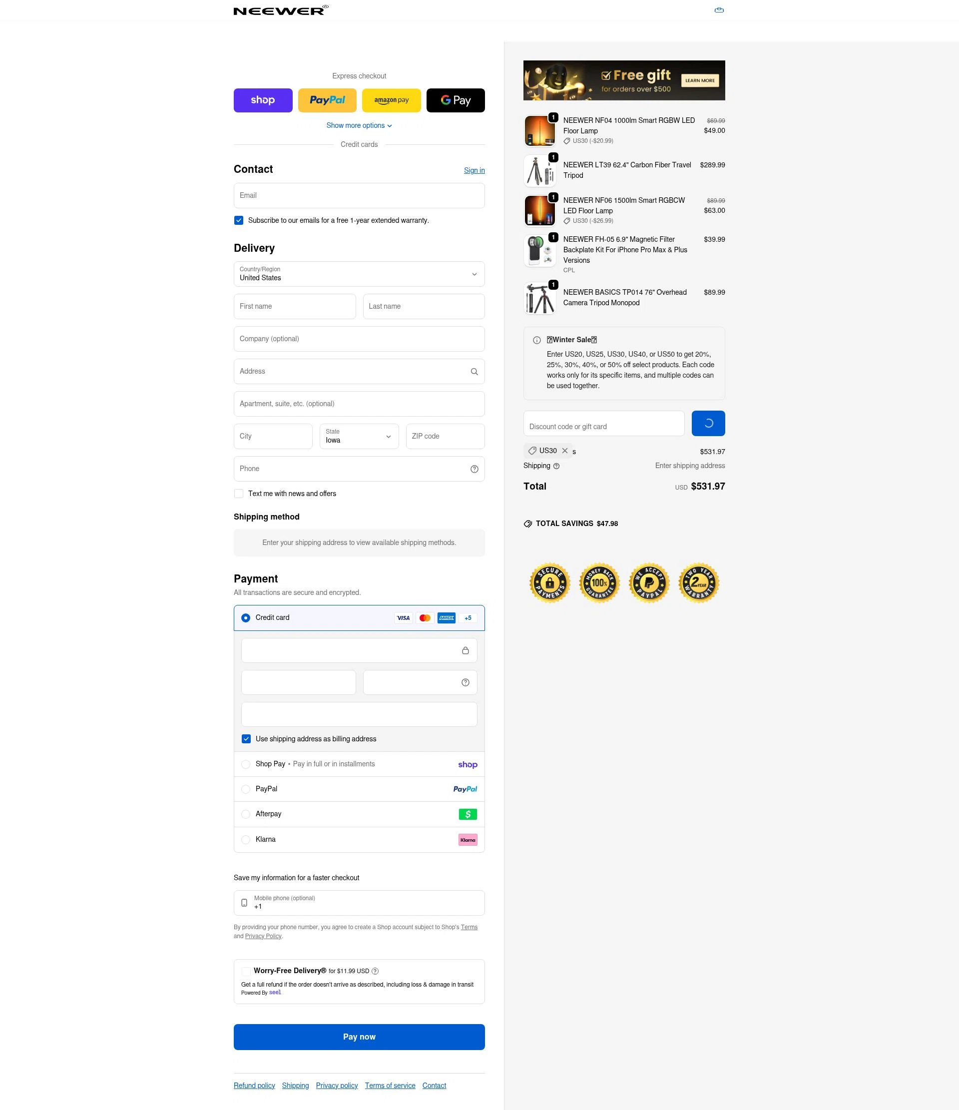 Neewer checkout page showing Neewer discount code box | Screenshot taken by SimplyCodes community member on Feb 13, 2026