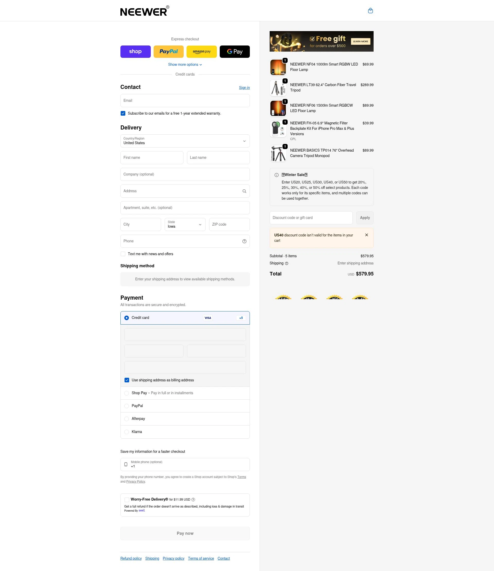 Neewer checkout page showing Neewer discount code box | Screenshot taken by SimplyCodes community member on Feb 13, 2026