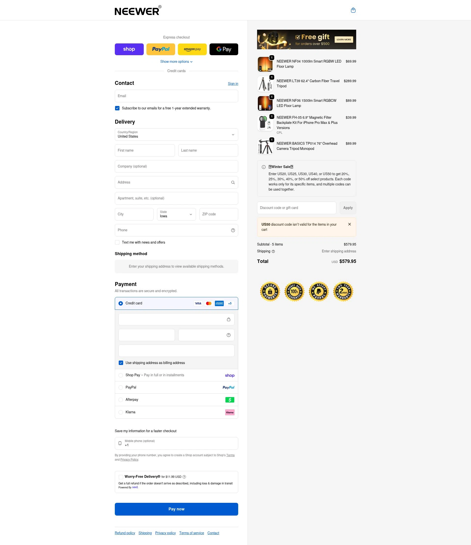 Neewer checkout page showing Neewer discount code box | Screenshot taken by SimplyCodes community member on Feb 13, 2026