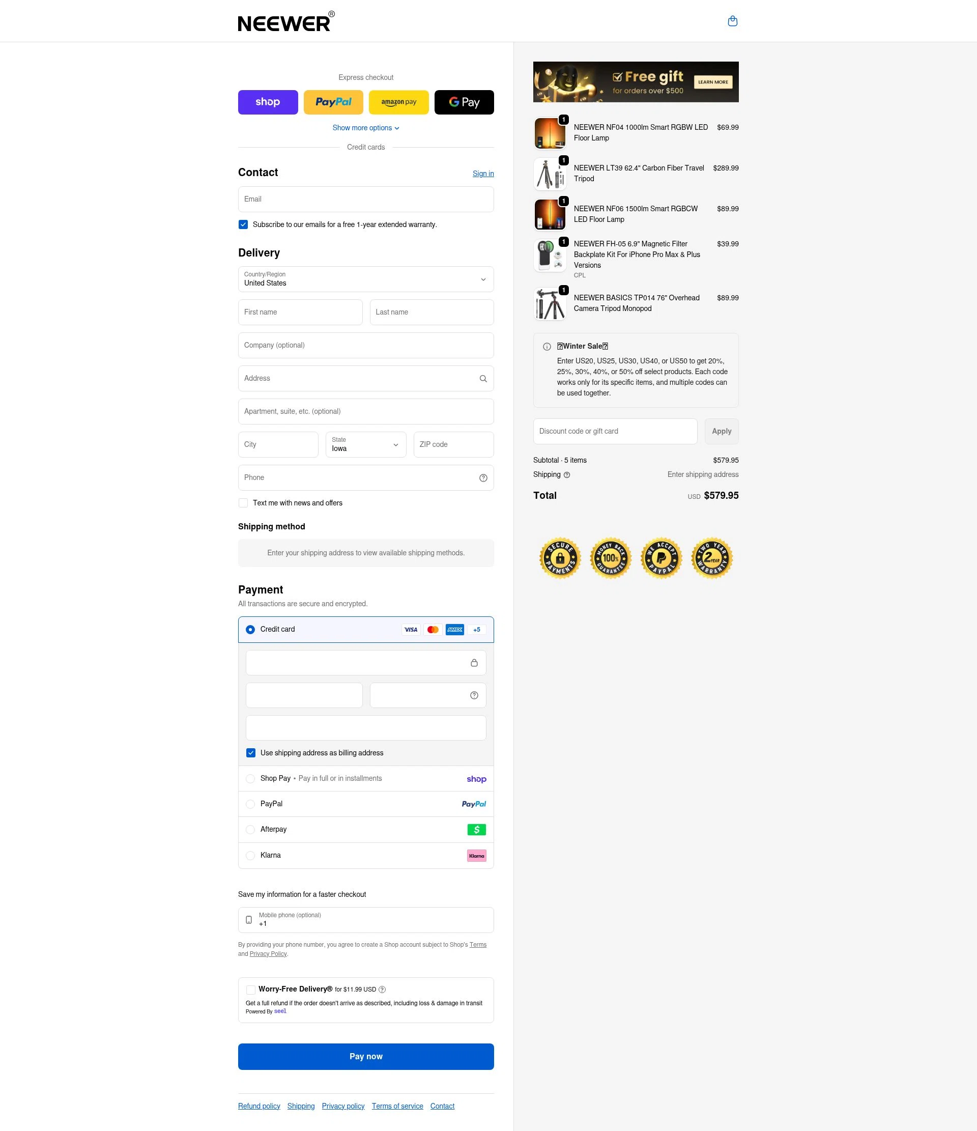 Neewer checkout page showing Neewer discount code box | Screenshot taken by SimplyCodes community member on Feb 13, 2026