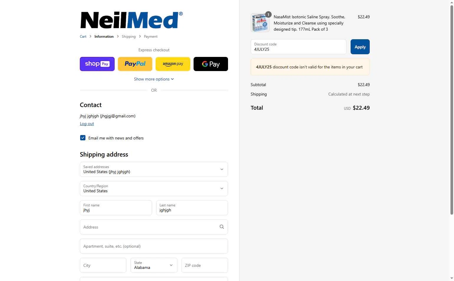NeilMed checkout page showing NeilMed promo code box | Screenshot taken by SimplyCodes community member on Jun 25, 2025