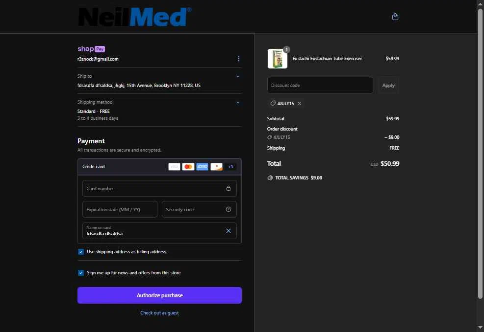 NeilMed checkout page showing NeilMed promo code box | Screenshot taken by SimplyCodes community member on Jun 25, 2025