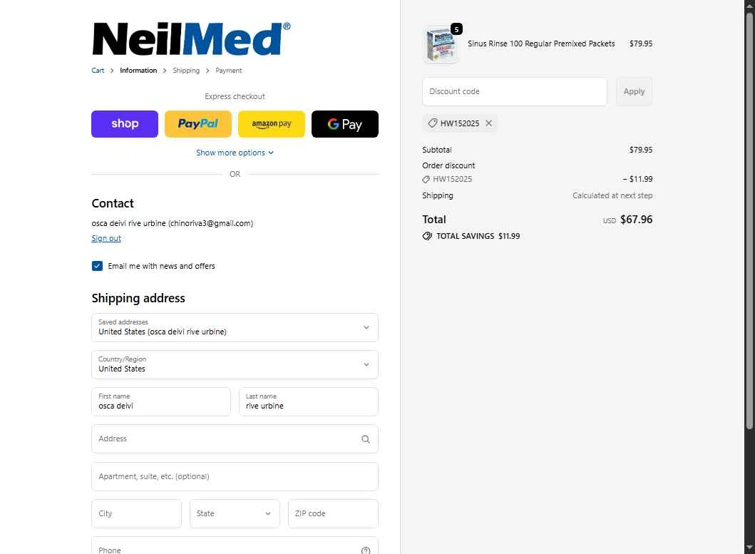 NeilMed checkout page showing NeilMed promo code box | Screenshot taken by SimplyCodes community member on Oct 22, 2025
