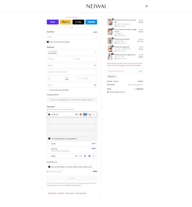 Neiwai checkout page showing Neiwai discount code box | Screenshot taken by SimplyCodes community member on Sep 7, 2025