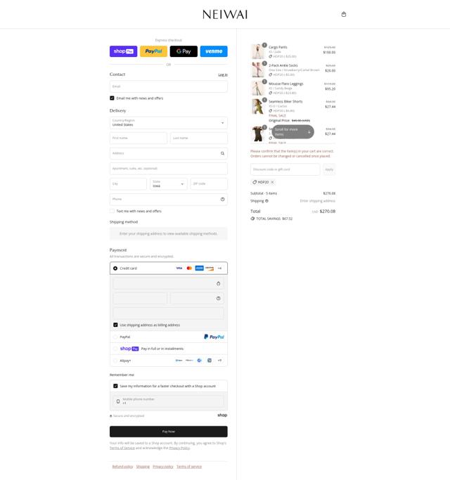 Neiwai checkout page showing Neiwai discount code box | Screenshot taken by SimplyCodes community member on Jul 31, 2025
