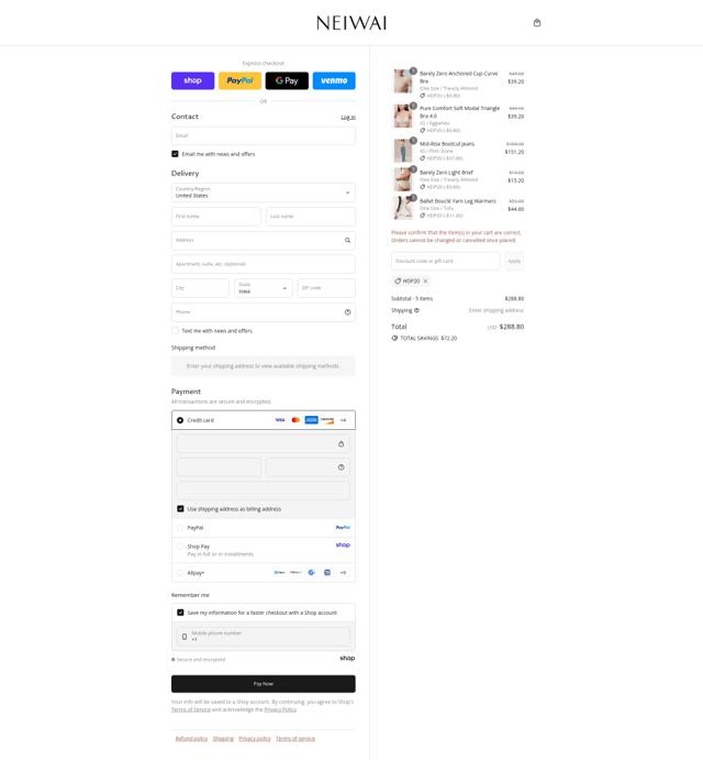 Neiwai checkout page showing Neiwai discount code box | Screenshot taken by SimplyCodes community member on Sep 3, 2025
