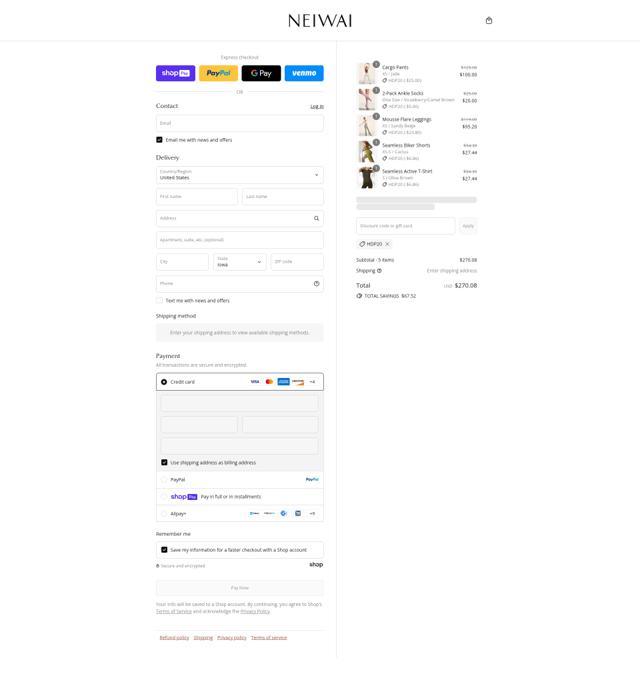 Neiwai checkout page showing Neiwai discount code box | Screenshot taken by SimplyCodes community member on Aug 12, 2025