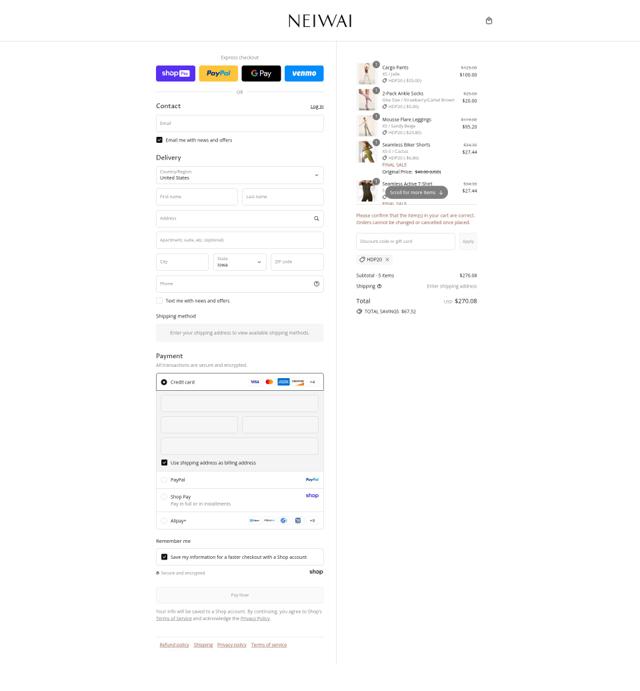 Neiwai checkout page showing Neiwai discount code box | Screenshot taken by SimplyCodes community member on Aug 16, 2025