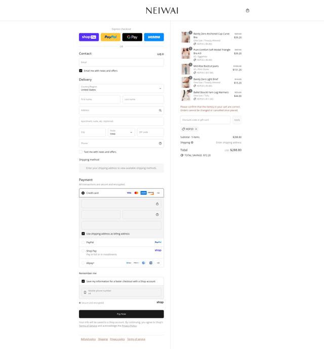 Neiwai checkout page showing Neiwai discount code box | Screenshot taken by SimplyCodes community member on Aug 22, 2025