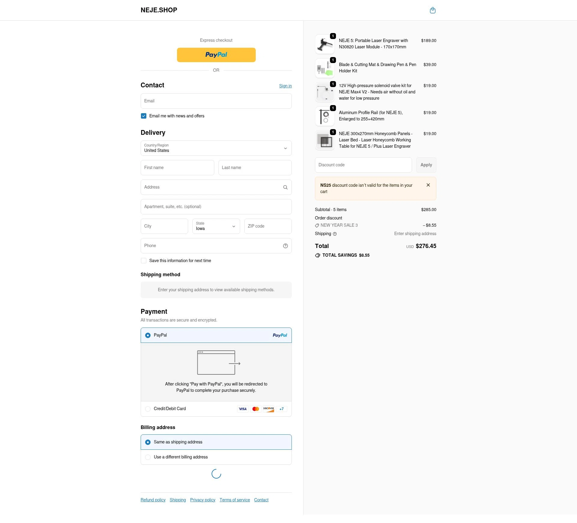 Neje Shop checkout page showing Neje Shop discount code box | Screenshot taken by SimplyCodes community member on Jan 6, 2026