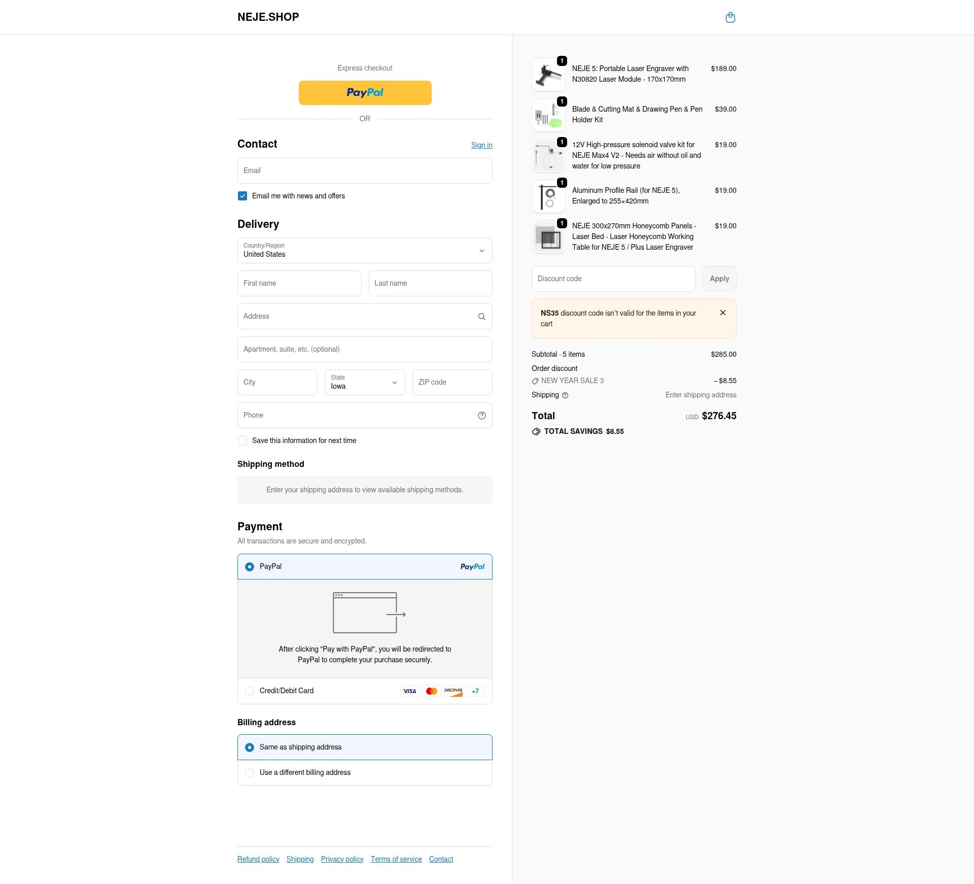 Neje Shop checkout page showing Neje Shop discount code box | Screenshot taken by SimplyCodes community member on Jan 6, 2026