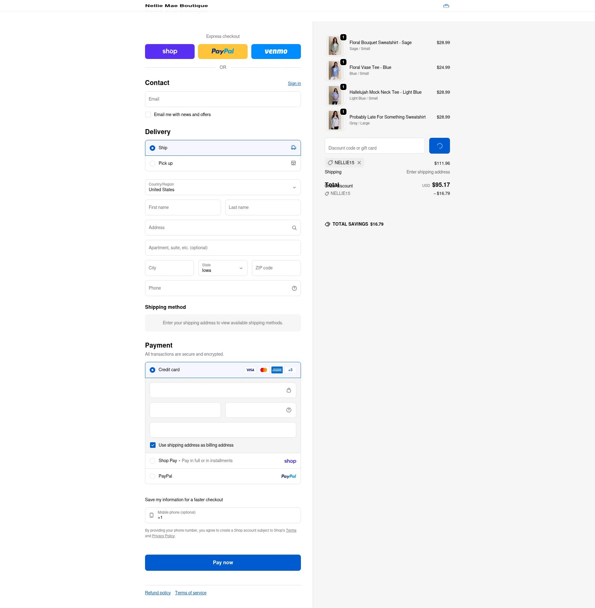 Nellie Mae Boutique checkout page showing Nellie Mae Boutique coupon code box | Screenshot taken by SimplyCodes community member on Feb 18, 2026