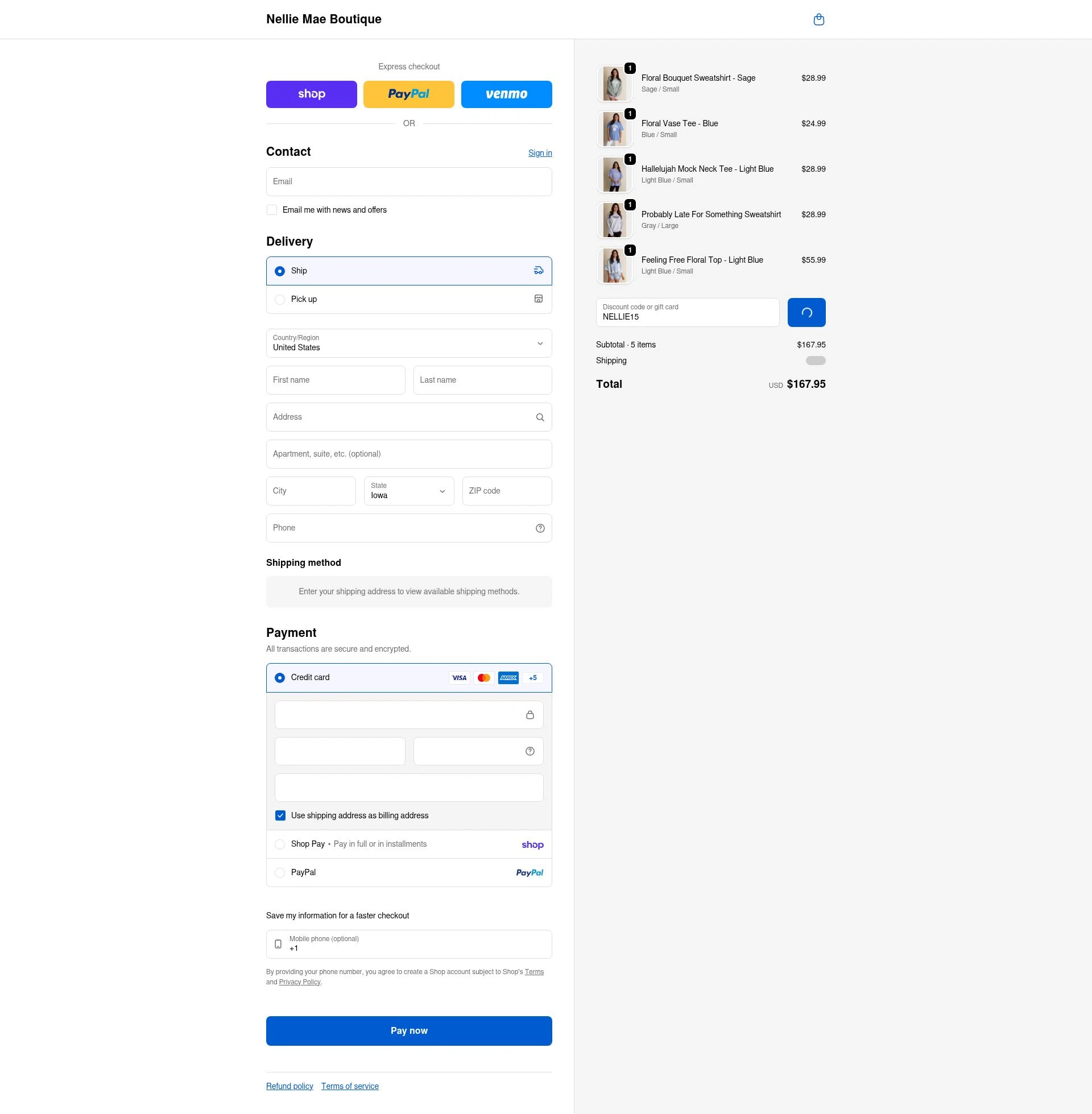 Nellie Mae Boutique checkout page showing Nellie Mae Boutique coupon code box | Screenshot taken by SimplyCodes community member on Feb 13, 2026