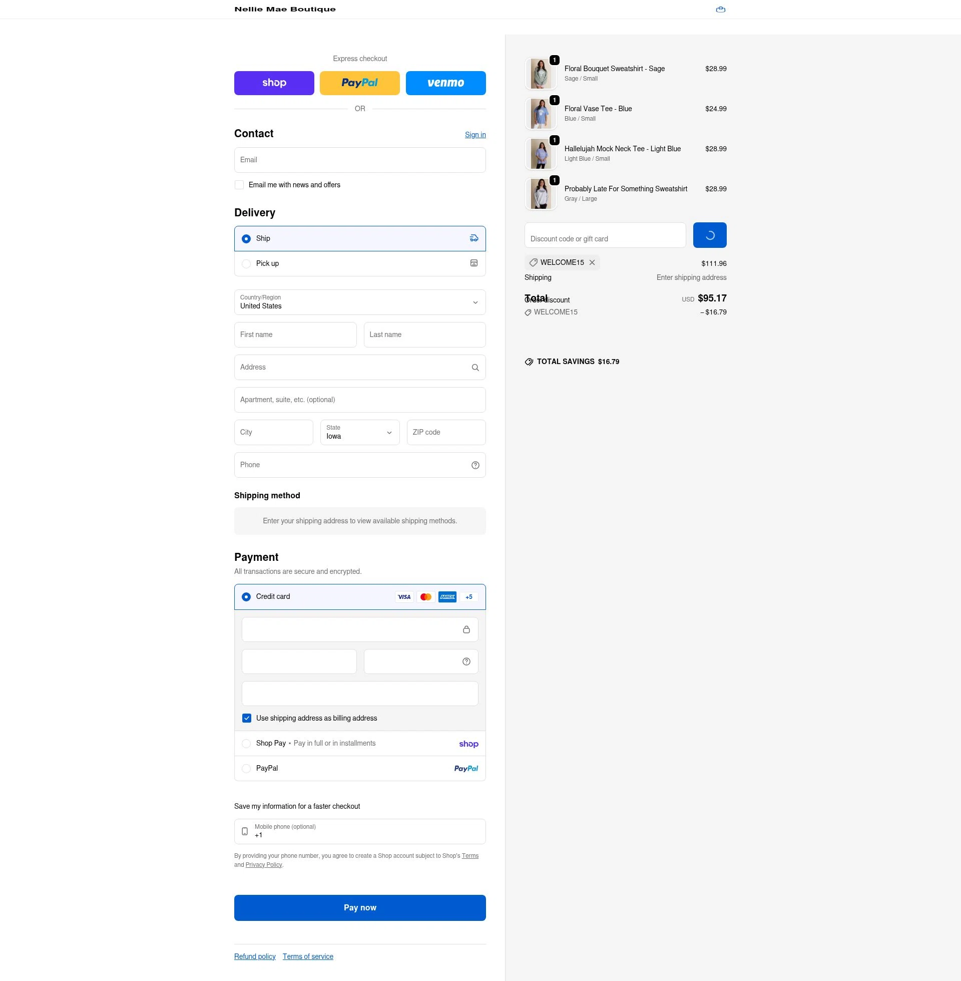 Nellie Mae Boutique checkout page showing Nellie Mae Boutique coupon code box | Screenshot taken by SimplyCodes community member on Feb 18, 2026