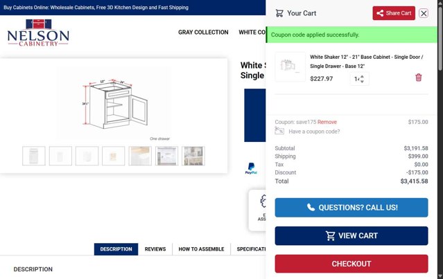 Nelson Cabinetry checkout page showing Nelson Cabinetry coupon code box | Screenshot taken by SimplyCodes community member on Jul 16, 2025