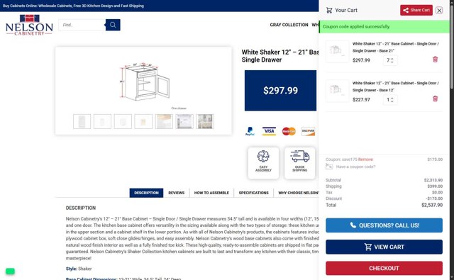 Nelson Cabinetry checkout page showing Nelson Cabinetry coupon code box | Screenshot taken by SimplyCodes community member on Jul 16, 2025