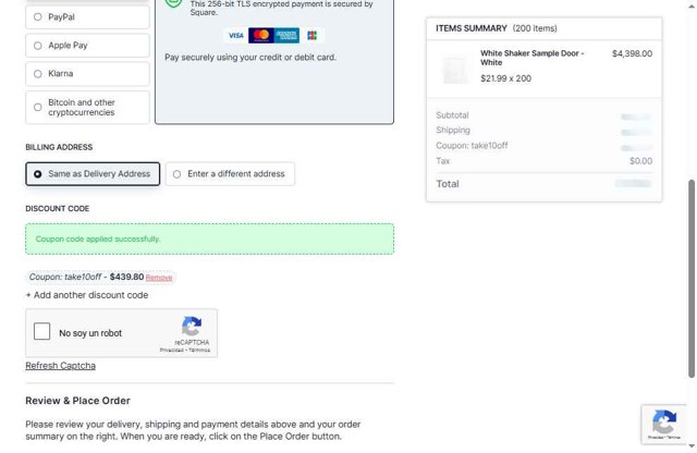 Nelson Cabinetry checkout page showing Nelson Cabinetry coupon code box | Screenshot taken by SimplyCodes community member on Jul 16, 2025