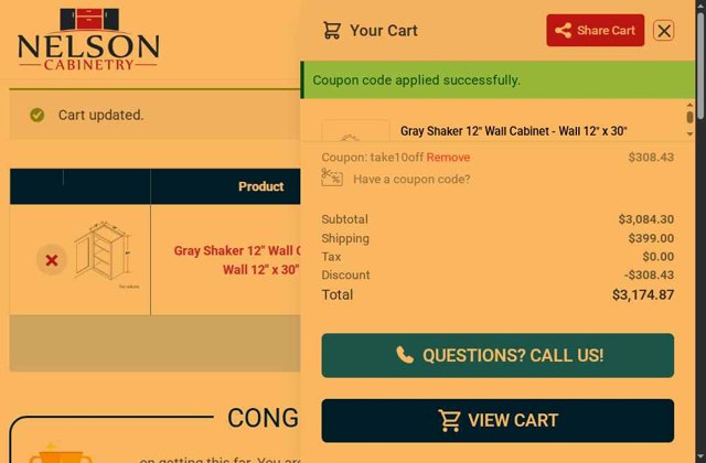 Nelson Cabinetry checkout page showing Nelson Cabinetry coupon code box | Screenshot taken by SimplyCodes community member on Jul 16, 2025