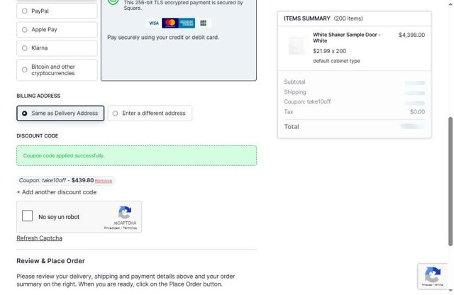 Nelson Cabinetry checkout page showing Nelson Cabinetry coupon code box | Screenshot taken by SimplyCodes community member on Jul 16, 2025