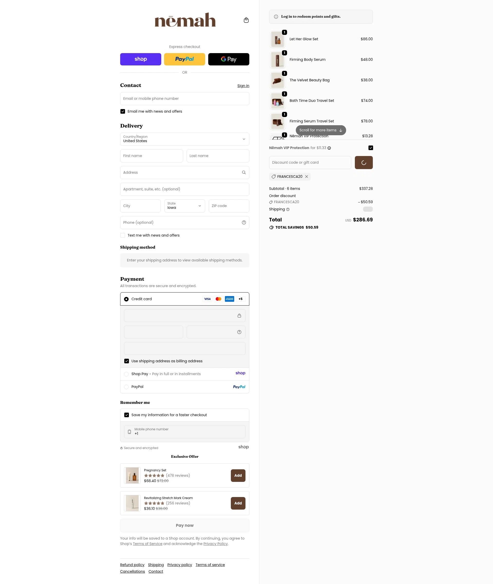 Nēmah checkout page showing Nēmah promo code box | Screenshot taken by SimplyCodes community member on Dec 27, 2025