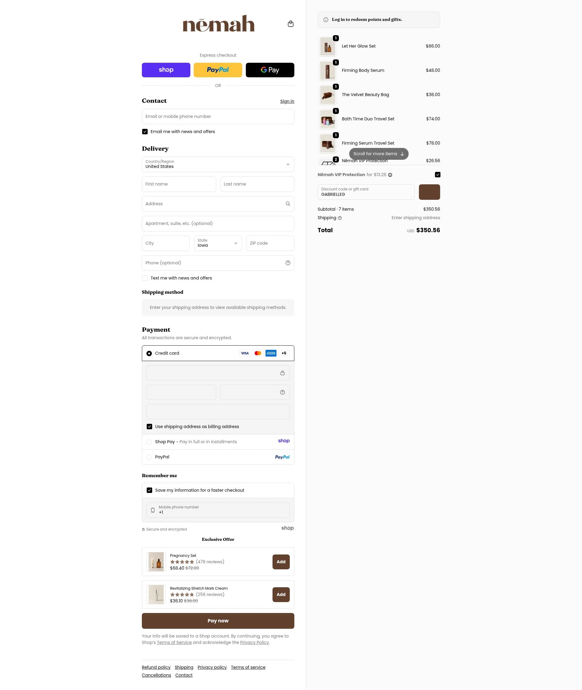 Nēmah checkout page showing Nēmah promo code box | Screenshot taken by SimplyCodes community member on Dec 27, 2025