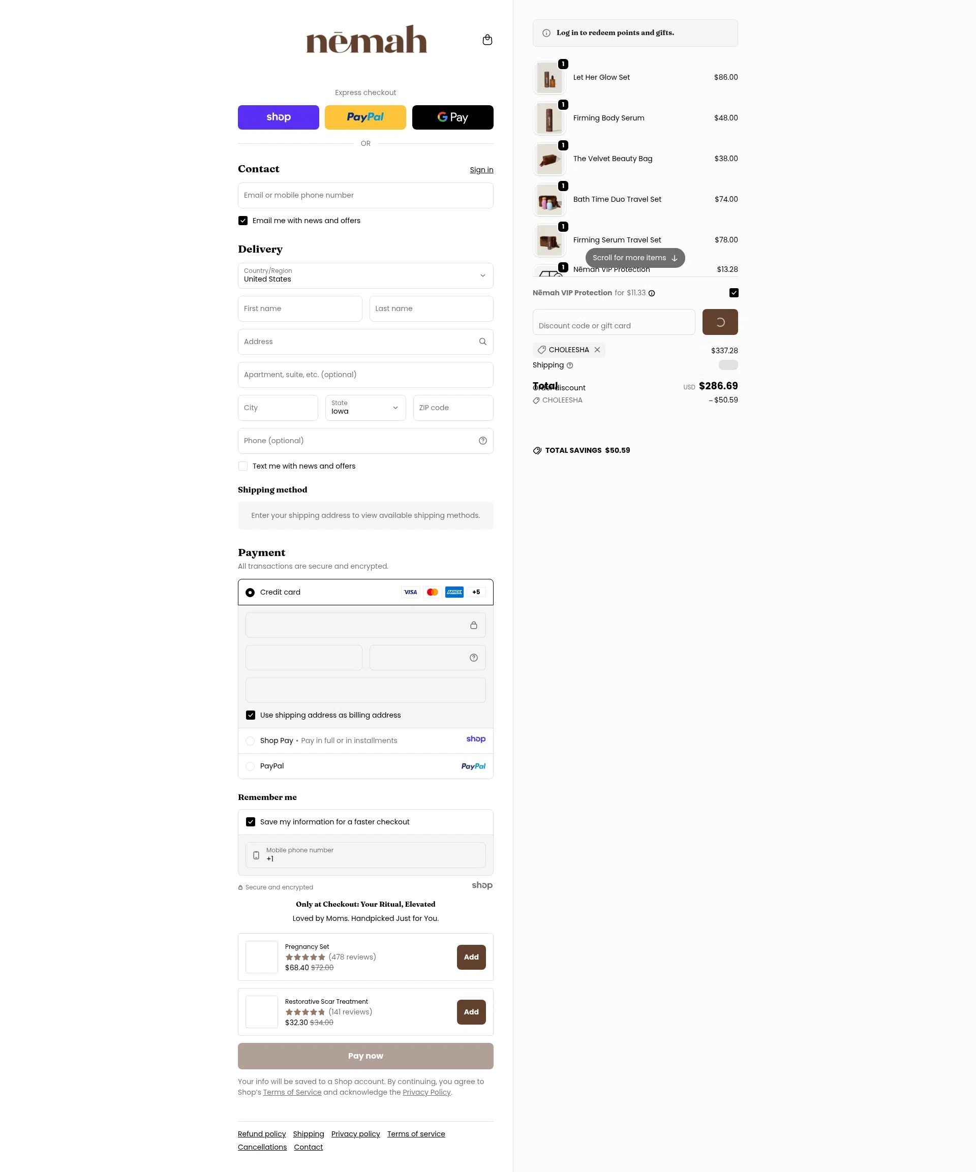 Nēmah checkout page showing Nēmah promo code box | Screenshot taken by SimplyCodes community member on Dec 27, 2025