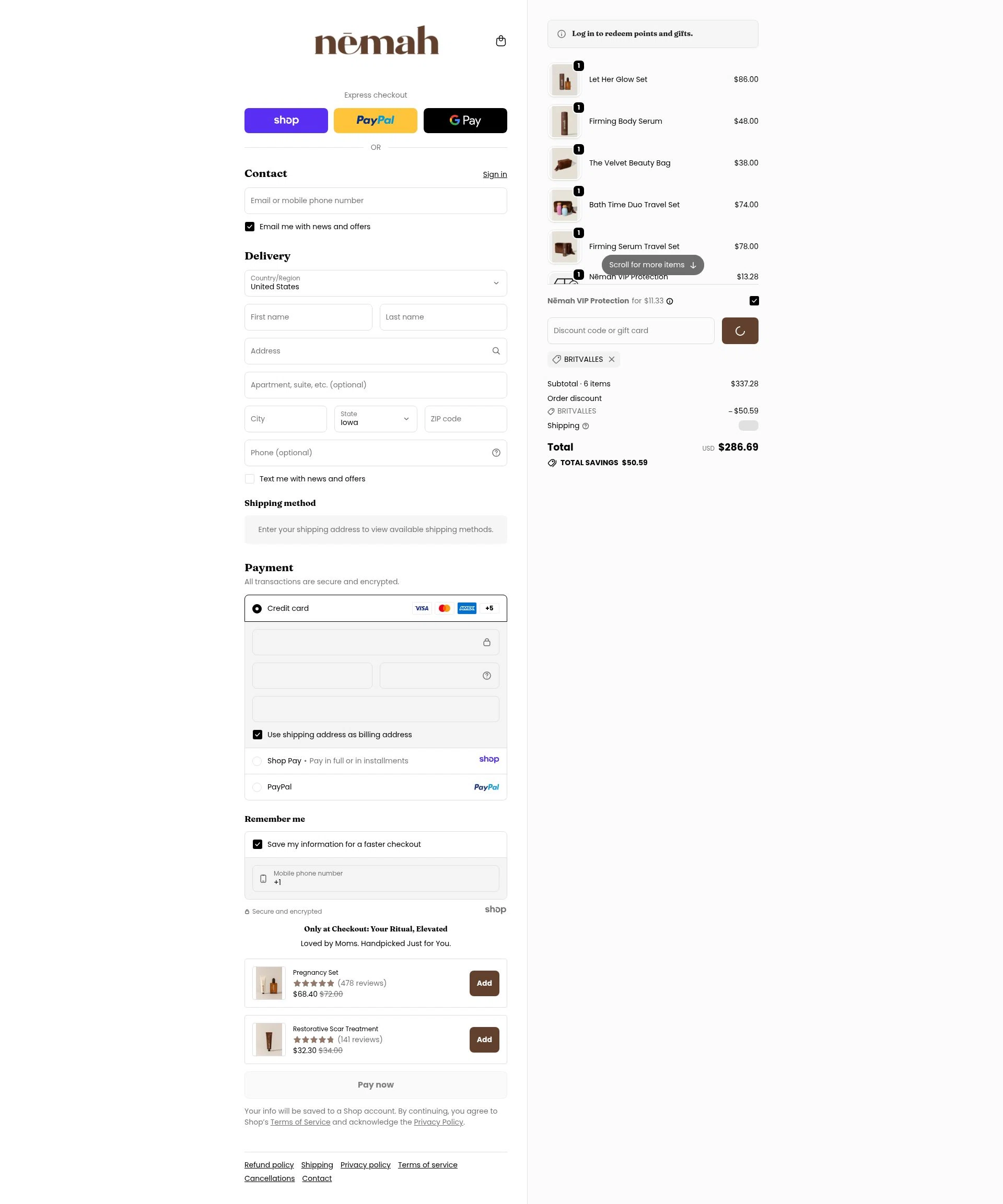 Nēmah checkout page showing Nēmah promo code box | Screenshot taken by SimplyCodes community member on Dec 27, 2025
