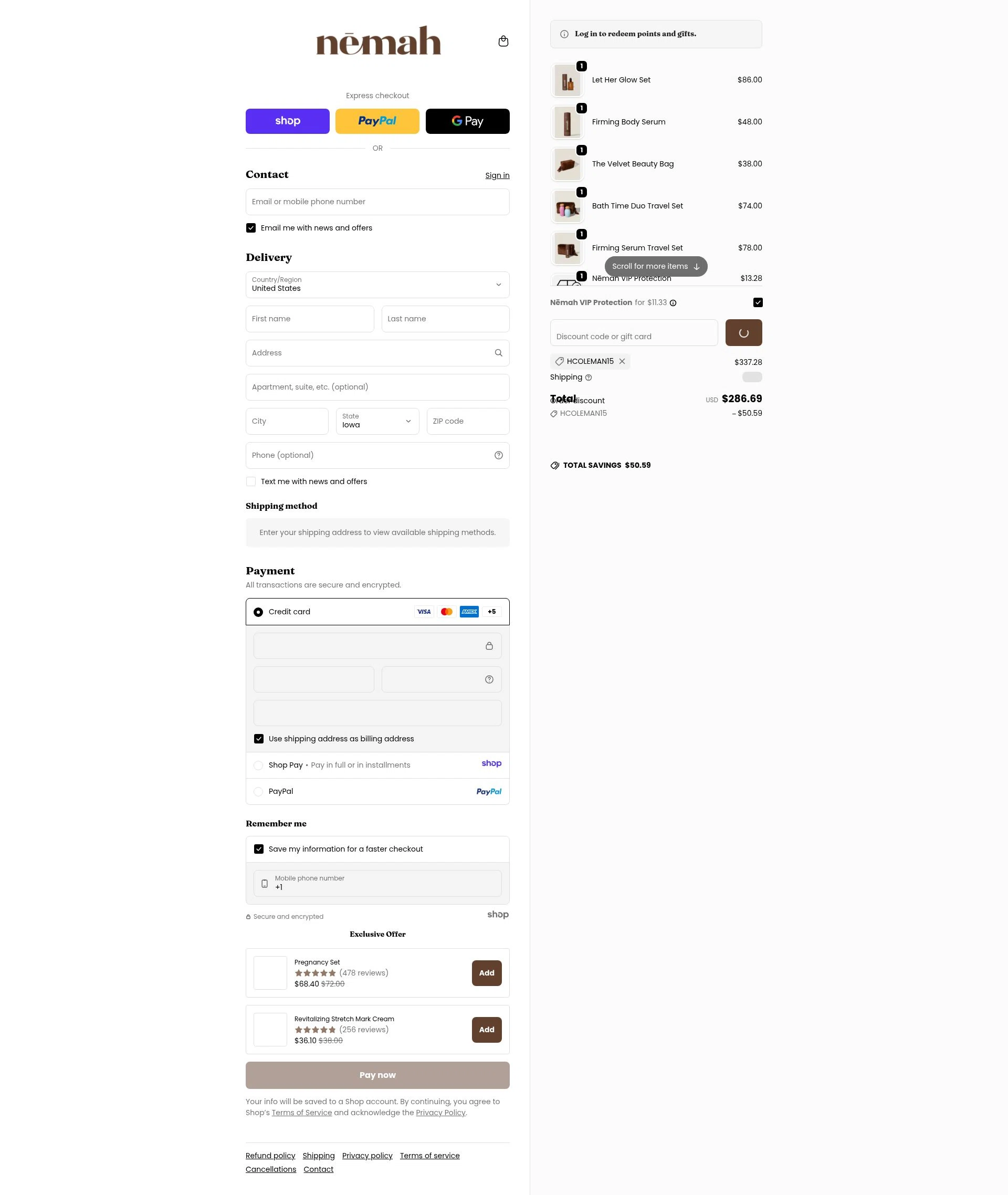 Nēmah checkout page showing Nēmah promo code box | Screenshot taken by SimplyCodes community member on Dec 27, 2025